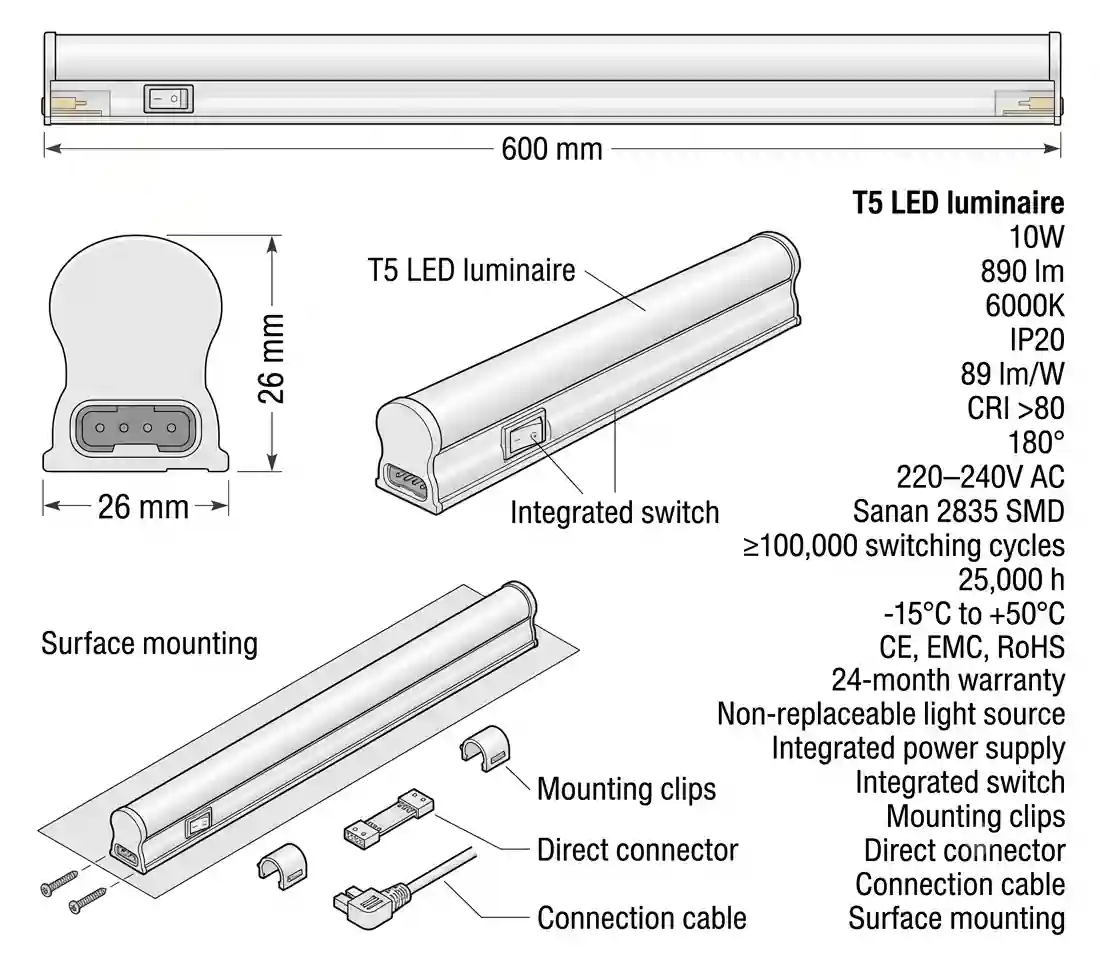 Detail plastového těla svítidla T5 s vyznačenou délkou 600 mm